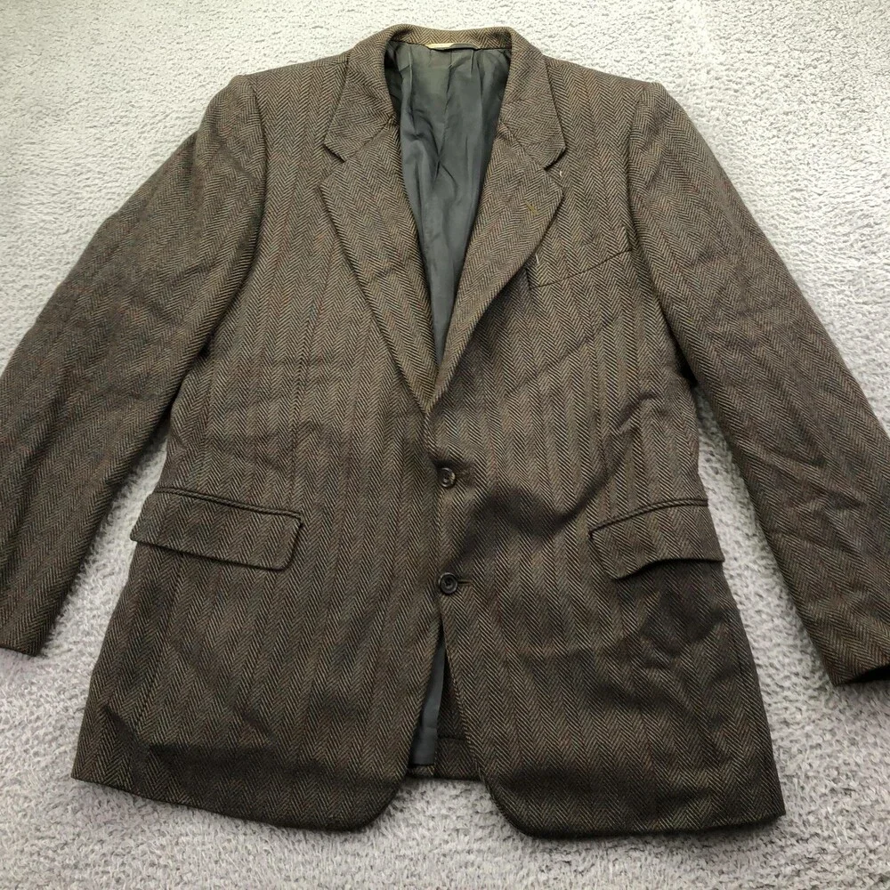 Vintage Hickey Freeman Blazer Mens 44L Brown Wool Tweed Boardroom Jacket